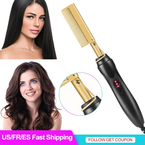 2 in 1 Hot Comb Straightener  Electric Hair Straightener Hair Curler Wet Dry Use Hair Flat Irons Hot Heating Comb For Hair